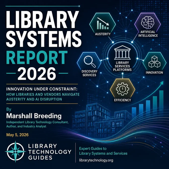 Cover for the 2026 library technology report, with title and subtitle (Innovation under constraint).