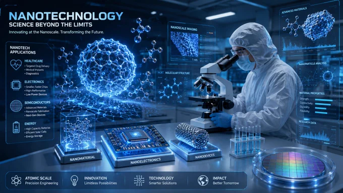 Scientist in lab coat examines nanotech under microscope. Holographic screens show molecular structures. Blue, futuristic setting.