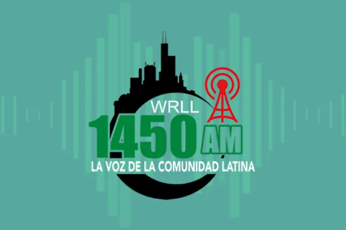 The image features the WRLL 1450 AM radio station logo. It includes a black city skyline silhouette and a red broadcasting tower. The text "WRLL 1450 AM La Voz de la Comunidad Latina" is displayed prominently.