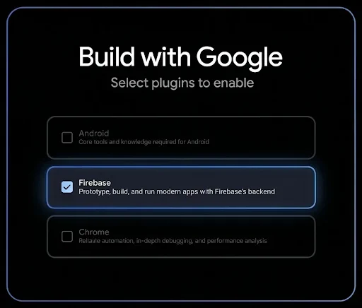 A user interface titled "Build with Google" presents a menu to select plugins. The "Firebase" option is highlighted and selected with a checkmark, while the "Android" and "Chrome" options remain unchecked against a dark background.