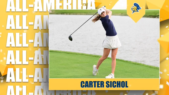 Carter Sichol follows through after a swing; text reads, "All-America"