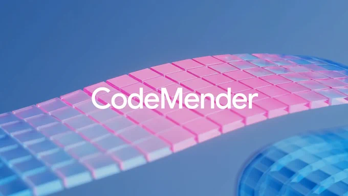 Text reads "CodeMender" over an abstract pink and blue grid illustration.
