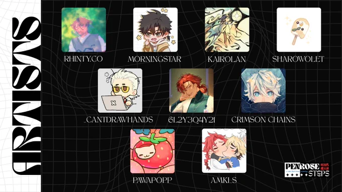 Black graphic with the list of featured artists for Penrose Steps. "ARTISTS" is written vertically on the left side in black against a strip of white.