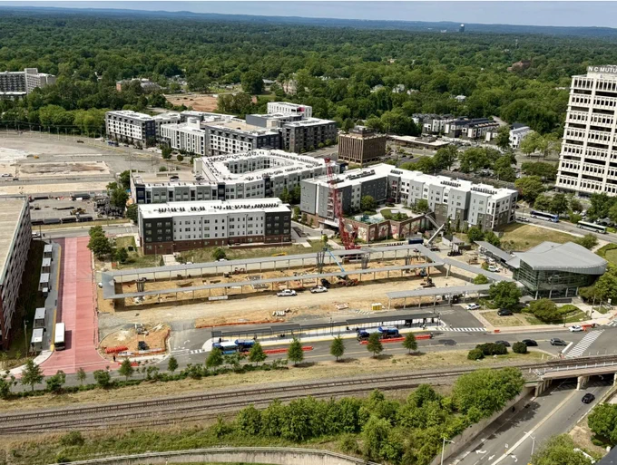 Overview of ongoing construction at Durham Station. The new outline for the shade canopies is up.  