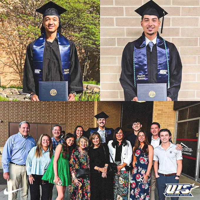 Three-photo graduation collage featuring two male student-athletes in black graduation caps and gowns with blue “Student Athlete” stoles, each holding diploma covers and smiling for individual portraits. The bottom photo shows a large group of family and friends gathered together outside a building celebrating graduation. A UIS Prairie Stars logo and Nike logo appear in the corners of the collage.