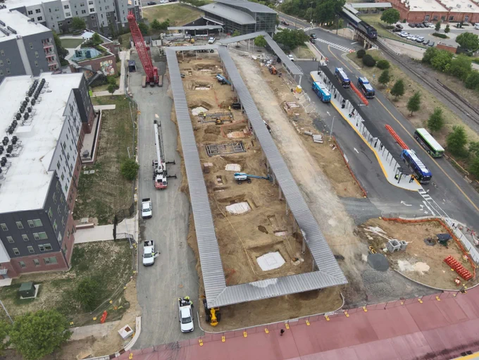 Overview photo of the ongoing construction at Durham Station, featuring the canopy outline, bus-only lane and roadmap for how the buses will operate once construction is complete. 