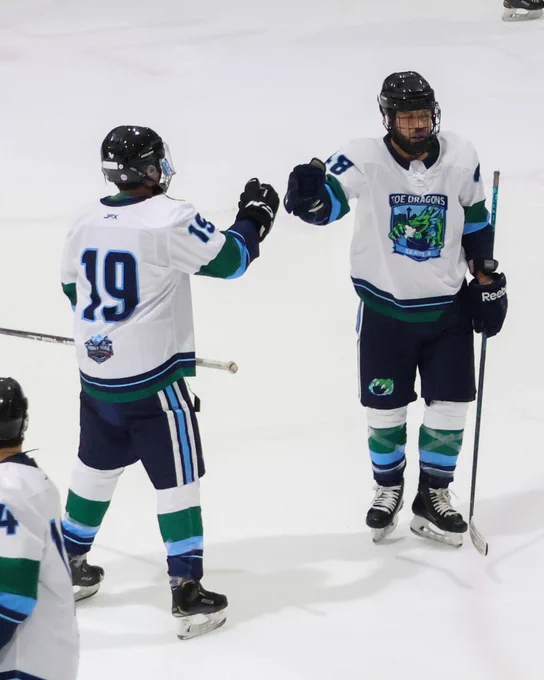 Photo of an adult hockey game on an indoor ice rink with two players fist-bumping.