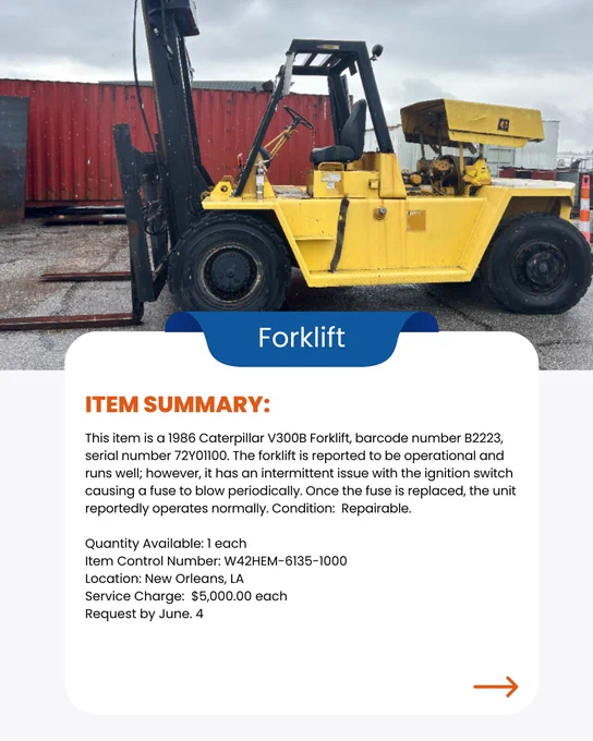 Graphic contains image of a yellow 1986 Caterpillar V300B forklift. The graphic also contains written information about the item including the price of $5,000.00 and the items location which is New Orleans, LA. 