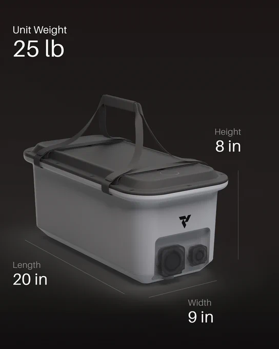 Access portable watermaker shown at an angle with dimension callouts: Unit Weight 25 lb, Length 20 in, Width 9 in, Height 8 in.