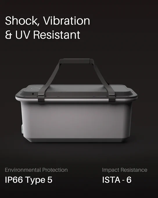 Side view of Access on dark background. Text reads: Shock, Vibration & UV Resistant, Environmental Protection IP66 Type 5, Impact Resistance ISTA-6.