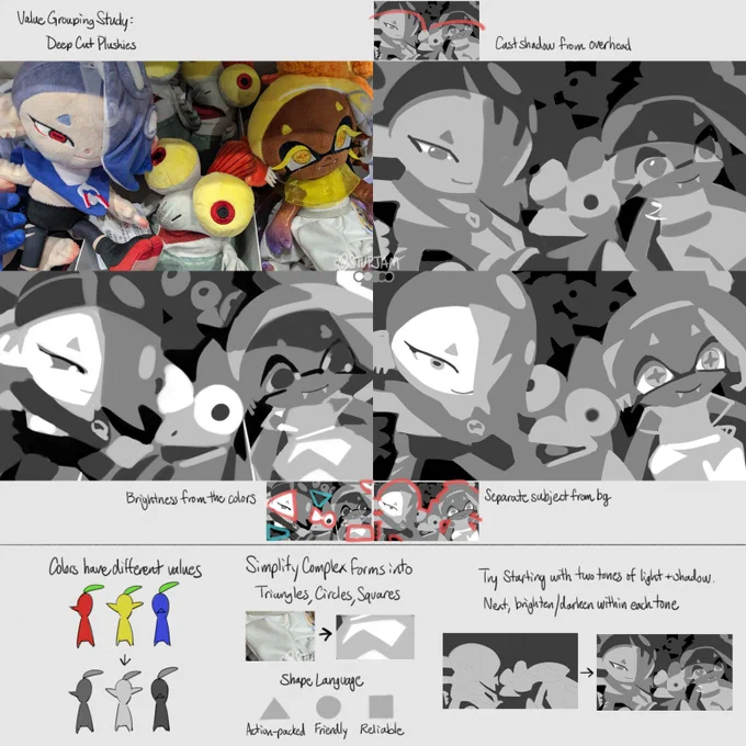 drawing study using 5 shades of gray to group similar values of a photo of plushies.
