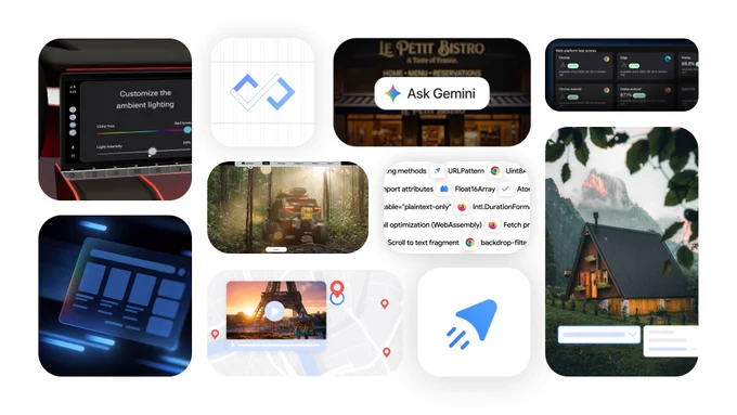 A collage of small images with abstract user interface elements often next to landscapes or monuments.