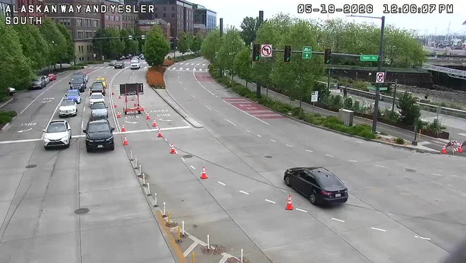 A screen grab of a traffic camera showing a closed lane on Alaskan Way.