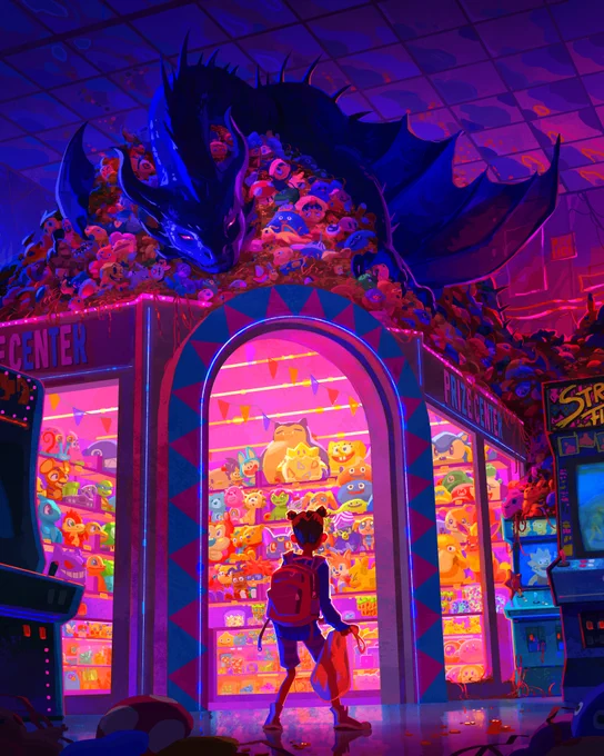 A girl with two buns in her hair stands in front of an arcade prize counter. A black dragon, lit with purple, is curled up on top of the prize counter on top of a massive pile of arcade toys. We see all sorts of arcade prizes and toys throughout the room, all in neon pinks, yellows, greens, cyans, etc. Popular characters such as Spongebob, the powerpuff girls, and neopets can be spotted among the stuffed prizes. We see a variety of arcade machines in the foreground, such as street fighter and the simpsons. The girl carries a sack and a backpack - it is clear she plans to rob the arcade. But oh no, the dragon's pink eyes are open and he has spotted her!