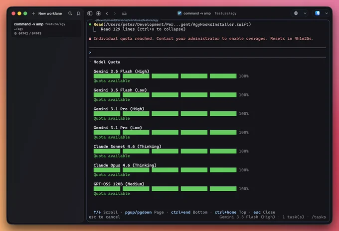 A terminal interface displays a list of AI model quotas, indicating one model's quota is fully utilized, with others available.