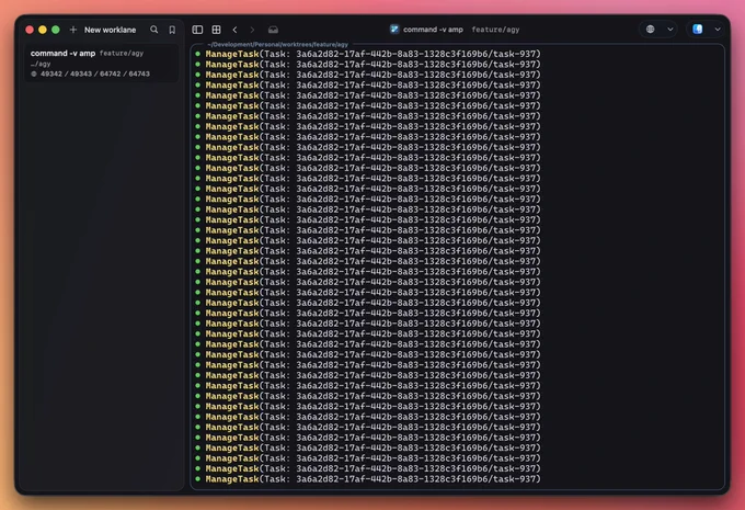 Console screen displaying repeated task management commands and associated IDs, indicating potential processing issues or loops.