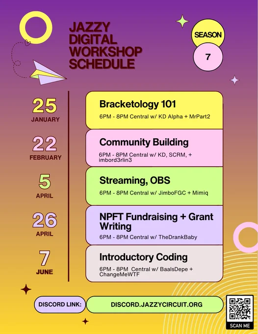 A graphic flyer presenting a schedule for live Discord workshop courses related to fighting game community development, presented by the Jazzy Circuit.

All workshops are scheduled to run from 6PM - 8PM Central Time.

January 25th: Bracketology 101 w/ KD Alpha and MrPart2
February 22nd: Community Building w/ KD Alpha, S.C.R.M., and imbord3rlin3
April 5th: Streaming and OBS w/ JimboFGC and Mimiq
April 26th: NPFT Fundraising and Grant Writing w/ TheDrankBaby
June 7th: Introdutory Coding w/ BaalsDepe and changemewtf