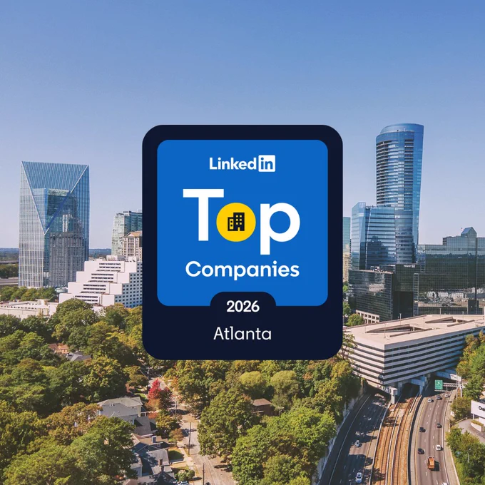 Blue image with a photo of the Atlanta skyline in the center along with the words, "LinkedIn Top Companies 2026: Atlanta"
