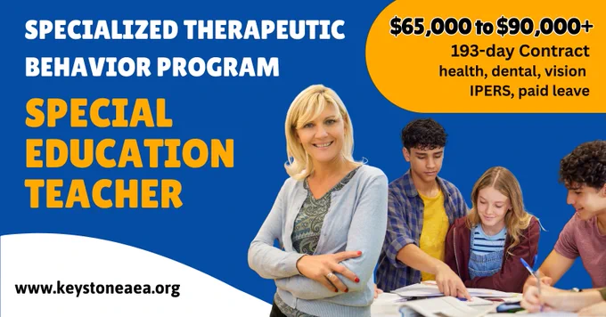 Smiling female teacher with middle school and high school students. Job ad for specialized therapeutic behavior program special education teacher