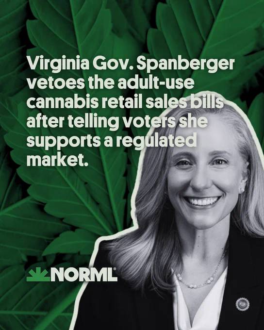 Headline reads,' Virginia Gov. Spanberger vetoes the adult-use cannabis retail sales bills after telling voters she supports a regulated market."