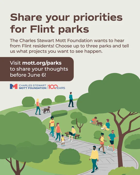 An illustration of people walking on a sidewalk through a park has this text overlay: Share your priorities for Flint parks. The Charles Stewart Mott Foundation wants to hear from Flint residents! Choose up to three parks and tell us what projects you want to see happen. Visit mott.org/parks to share your thoughts before June 6!