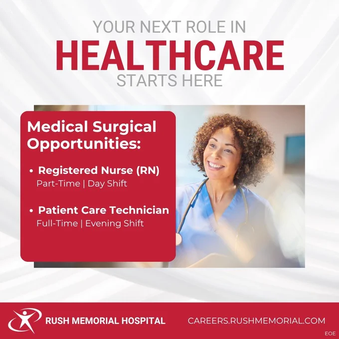 We are currently hiring for our Medical Surgical department:
• Registered Nurse (RN) – Part-Time, Day Shift
• Patient Care Technician (PCT) – Full-Time, Evening Shift