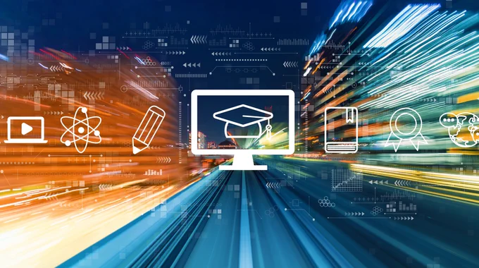 A blue and organge background with a white laptop, pencil, book, award, and graduation hat, signifying achievement.