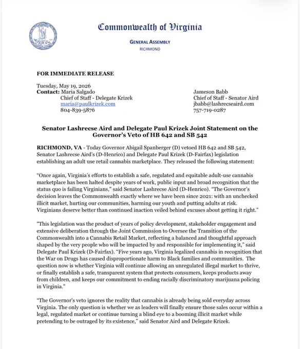 Press Release regarding veto of cannabis legislation.