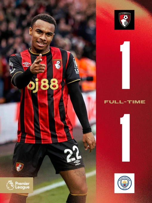 Full-time: AFC Bournemouth 1-1 Man City.