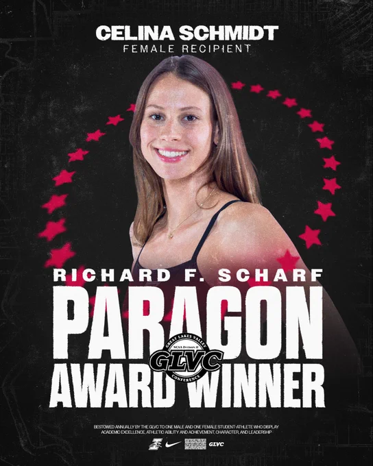 A graphic promoting UIndy student-athlete Celina Schmidt as the female recipient of the GLVC Richard F. Scharf Paragon Award.