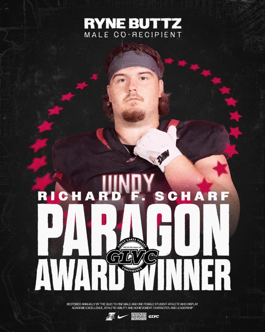 A graphic promoting UIndy student-athlete Ryne Buttz as the male co-recipient of the GLVC Richard F. Scharf Paragon Award.