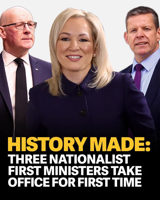 I want to congratulate John Swinney on being elected First Minister of Scotland today.

For the first time ever, there are now three nationalist, pro-independence First Ministers in office in the North of Ireland, Scotland, and Wales.

I look forward to working together with John Swinney and Rhun ap Iorwerth in the time ahead, as we stand up for the best interests of our people and for their right to self-determination.