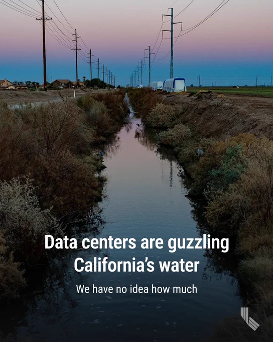 An irrigation ditch runs between farm land, on the right, and a proposed 950,000-square-foot data center, on the left, in Imperial County on March 11, 2026. Photo by Gina Ferazzi, Los Angeles Times via Getty Images