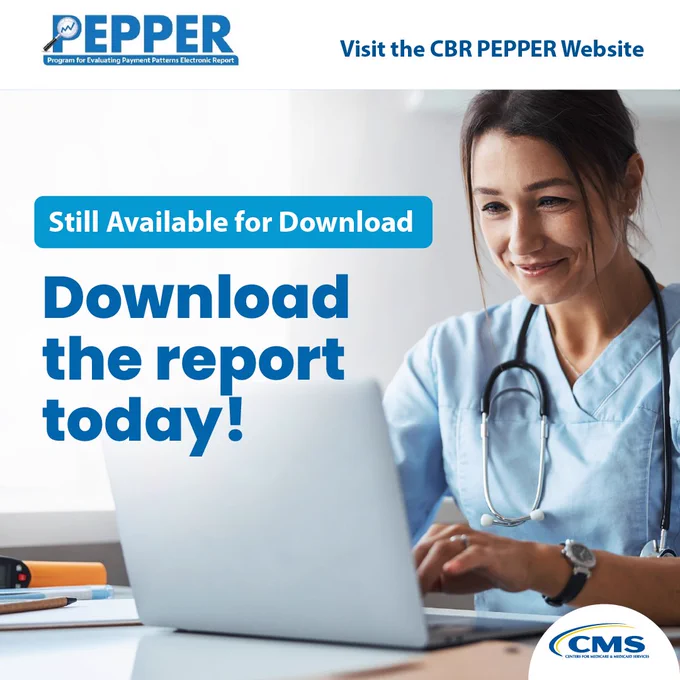 A person wearing a stethoscope is smiling while using a laptop. The image contains text promoting the download of the PEPPER report, with logos for PEPPER and CMS present.