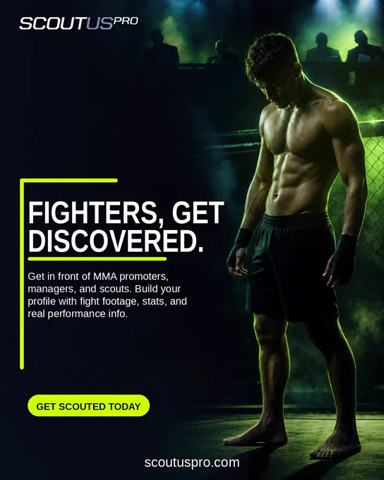 Promotional image for Scoutus Pro, featuring an intense gym setting with a muscular fighter. The scene is moody and dynamic, aimed at attracting MMA fighters to showcase their skills.