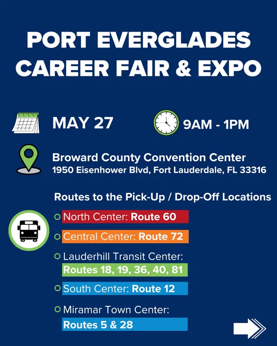 Graphic with event details for the Port Everglades Career Fair and Expo. The design includes icons for a calendar, clock, location pin, and bus. Text states the event will take place on May 27 from 9 a.m. to 1 p.m. at the Broward County Convention Center, located at 1950 Eisenhower Boulevard in Fort Lauderdale. The graphic also lists bus routes serving each pick-up and drop-off location, including Routes 60, 72, 18, 19, 36, 40, 81, 12, 5, and 28.