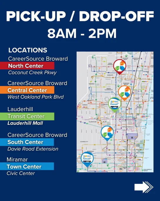 Graphic listing BCT pick-up and drop-off locations for transportation to the Port Everglades Career Fair and Expo from 8 a.m. to 2 p.m. Locations include CareerSource Broward North Center in Coconut Creek, Central Center on West Oakland Park Boulevard, Lauderhill Transit Center at Lauderhill Mall, CareerSource Broward South Center on Davie Road Extension, and Miramar Town Center Civic Center. A Broward County transit map with marked locations appears on the right side.