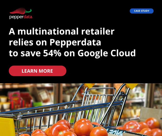 A picture of the Pepperdata logo, a shopping cart filled with small plastic items, and the words: Multinational Retailer Relies on Pepperdata to Save 54% on Google Cloud. LEARN MORE.