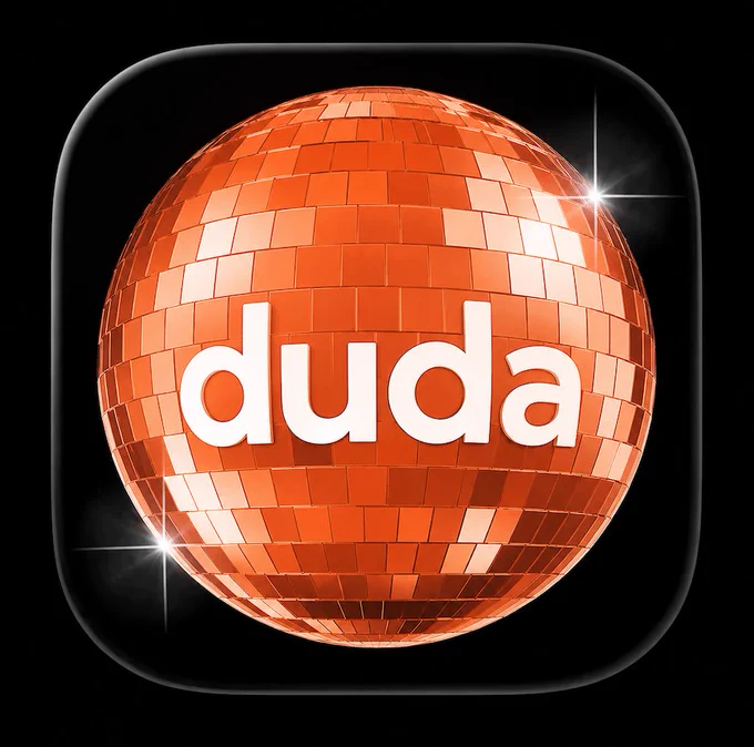 Graphic of Duda's logo as an orange, shiny disco ball, poking fun at Spotify's recent app icon redesign.