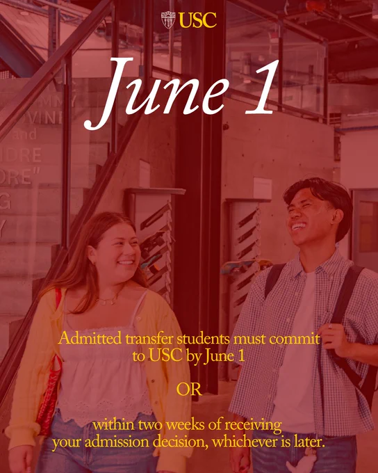 USC reminder for admitted transfer students to commit by June 1 or within two weeks of admission decision, whichever is later.