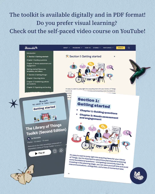 Slide noting the toolkit is available digitally and in PDF format, with a self-paced video course on YouTube. Features multiple photos showing community sharing spaces, a Library of Things building exterior, and people engaging with shared resources. Torn paper texture background with decorative images.