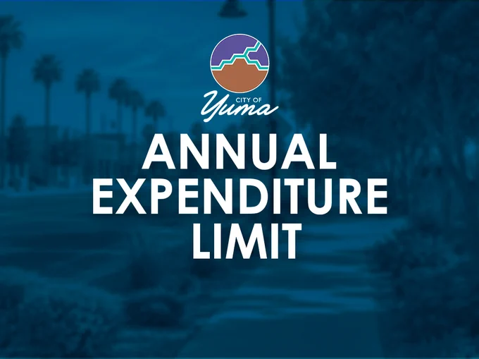 City of Yuma graphic titled “Annual Expenditure Limit,” with the City logo over a blue-toned background image of a street lined with palm trees.