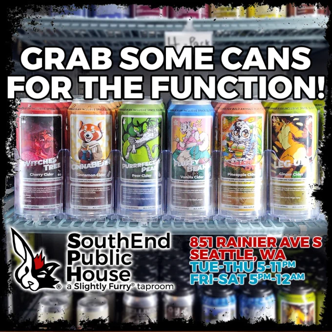A fridge full of our bold, flavorful ciders: Witches' Tree Cherry, CinnaBEAR Roasted Cinnamon, Purrrfectly Pear, Fluffy Beans Vanilla, PineappOWL, and Leg Up! Ginger.