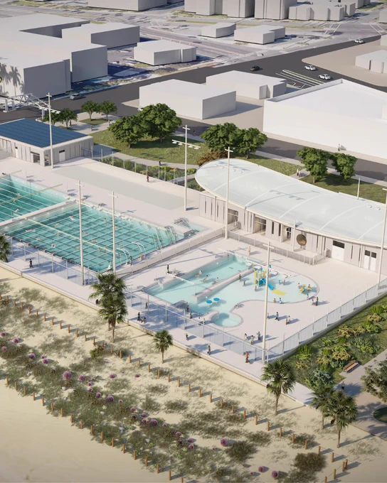 Aerial rendering of the new Belmont Plaza Pool site.
