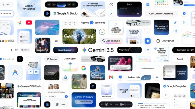 Grid of icons and screenshots showing Google features. Gemini 3.5 is the central logo. It highlights tools like AI Studio, Gemini Omni and Universal Commerce Protocol.