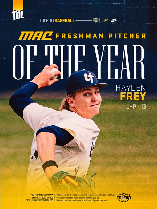 Photo of Hayden Frey pitching in MAC Freshman Pitcher of the Year graphic
