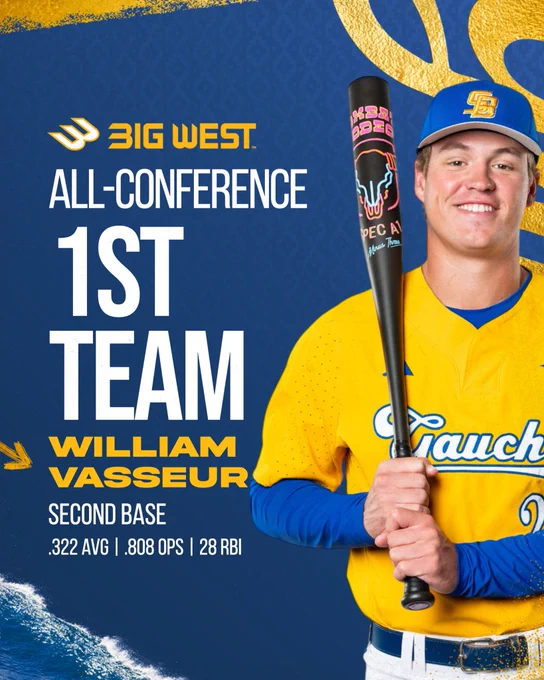 Big West All-Conference First Team graphic. William Vasseur, Second Base, .322 AVG, .807 OPS, 28 RBI. Photo of Will Vasseur smiling while holding a bat.