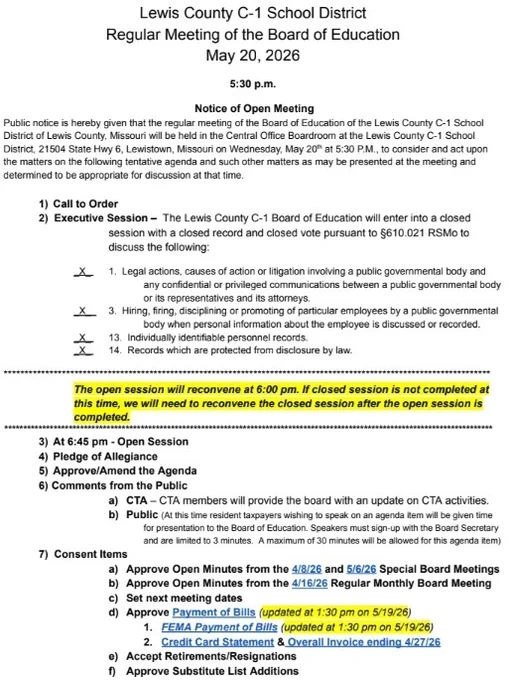 Image of the 5-20-26 Board Agenda - the full agenda is linked in the post.