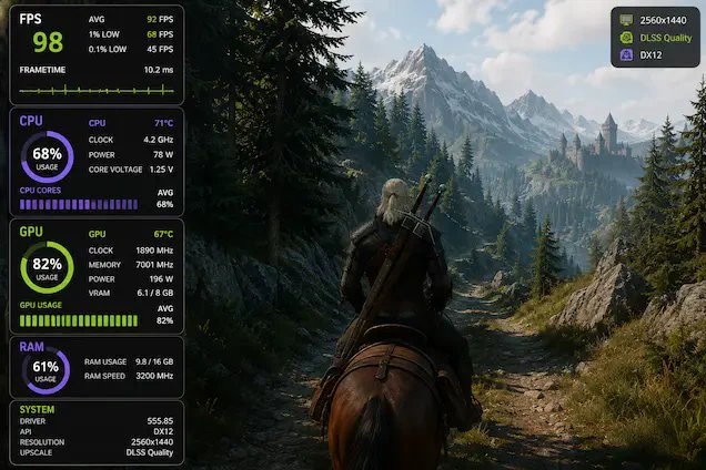 Gaming performance overlay showing FPS, CPU and GPU usage, highlighting real‑time bottlenecks and system balance during high‑performance gameplay.