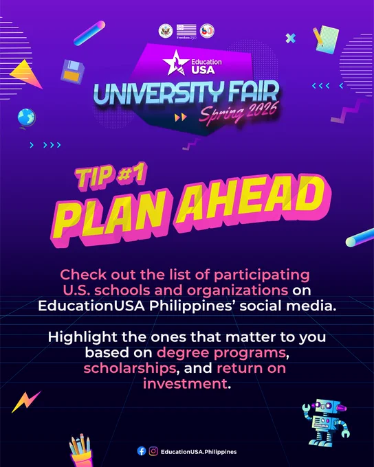 Graphic with the header EducationUSA University Fair Spring 2026, the text Fair Tips, and details about the fairs in Quezon City and Davao City.
